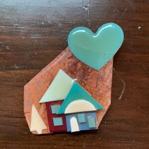 House pins by Lucinda EUC brown/green house/heart pin